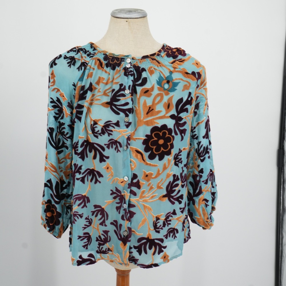 Sundance Blouse Women XS Turquoise Silk Blend Burnout Velvet Floral Boho Devore